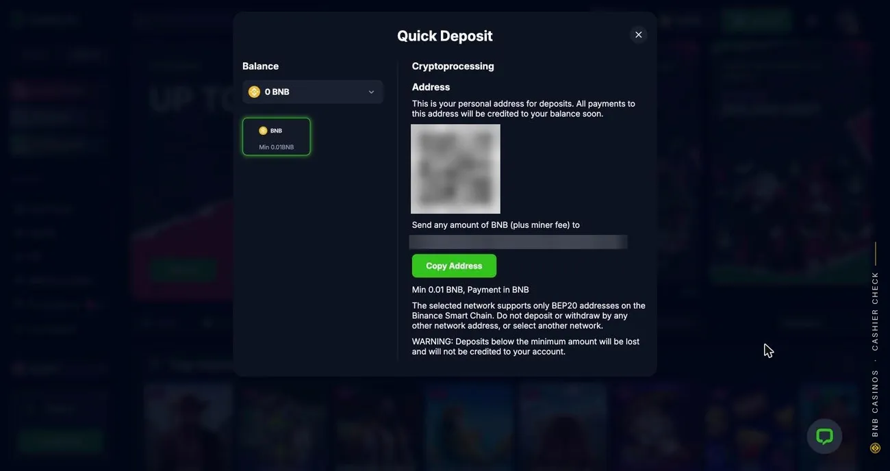 Bets.io Quick Deposit for a BNB balance with a 0.01 BNB minimum, a blurred address and a note that only BEP20 addresses on Binance Smart Chain work
