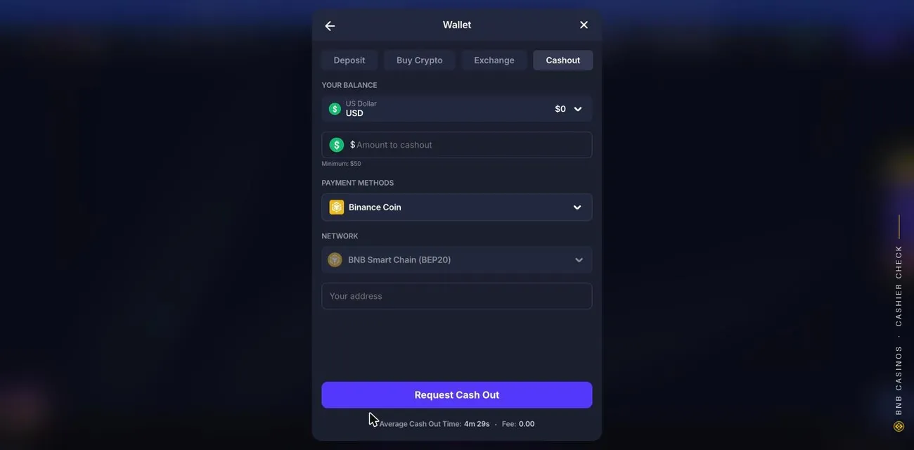 BitStarz cash-out form from a USD balance with Binance Coin as the method, BNB Smart Chain (BEP20) as the network and a $50 minimum