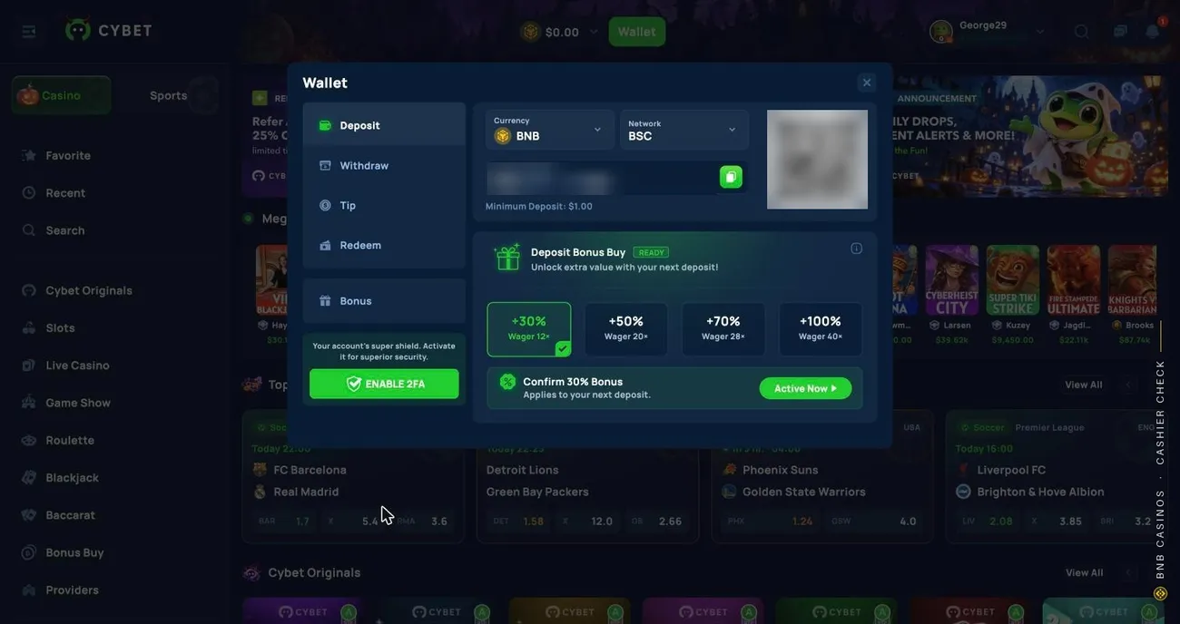 Cybet wallet with BNB as the currency and BSC as the network, a blurred address and QR code, a $1.00 minimum and deposit bonus buy options