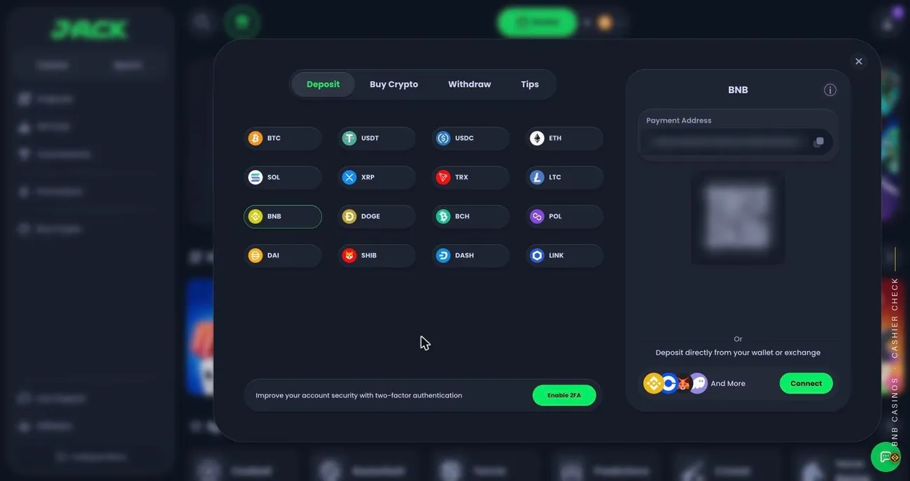 Jack deposit window with BNB picked among 16 coins, a blurred payment address and QR code, and no network field