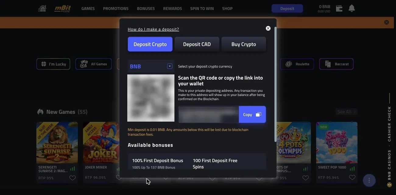 mBit crypto deposit window with BNB selected, a blurred QR code and address, a 0.01 BNB minimum and the 137 BNB first-deposit bonus
