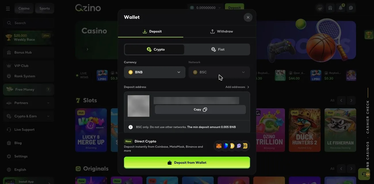 Qzino wallet with BNB as the currency, the network locked to BSC, a blurred deposit address and a 0.005 BNB minimum
