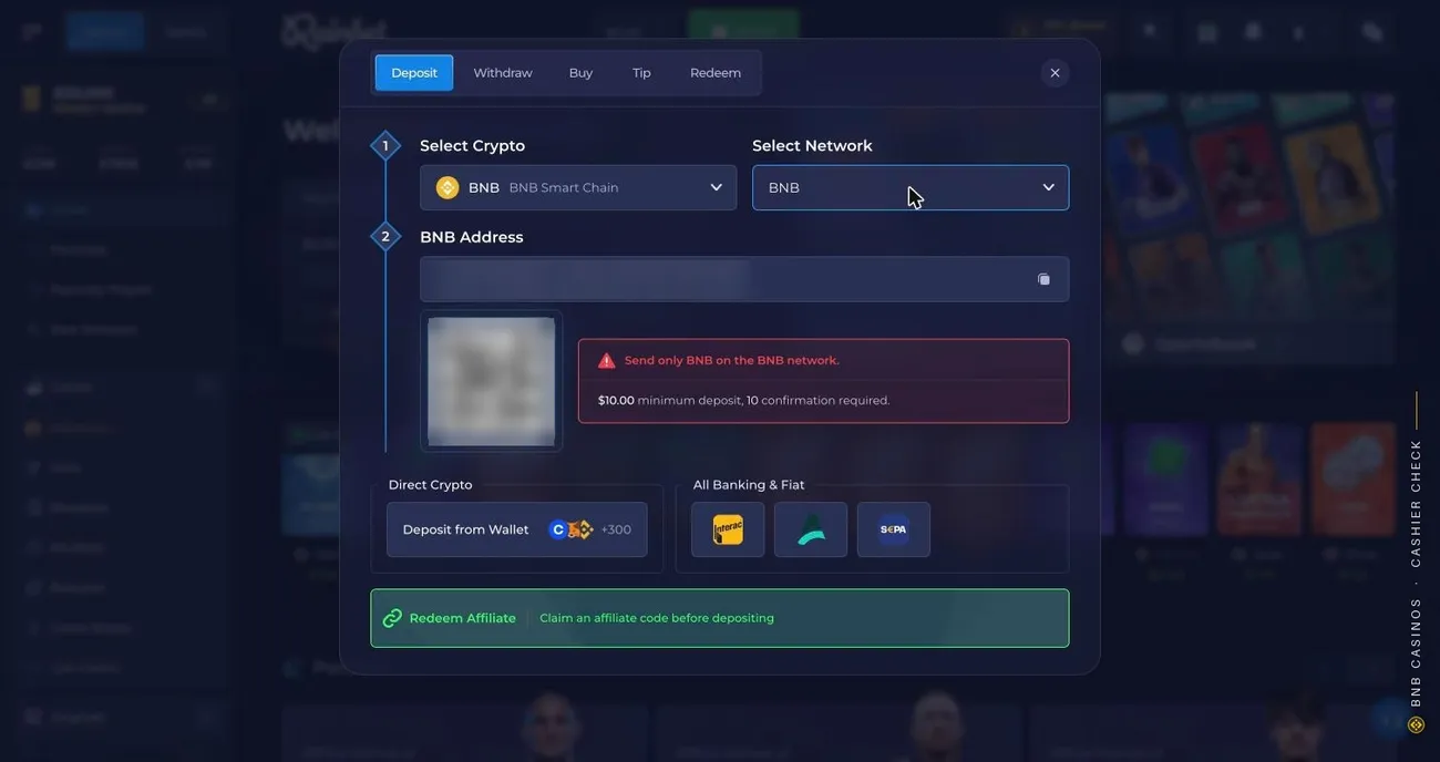 Rainbet deposit with BNB on BNB Smart Chain, the network field set to BNB, a blurred address and a $10 minimum with 10 confirmations