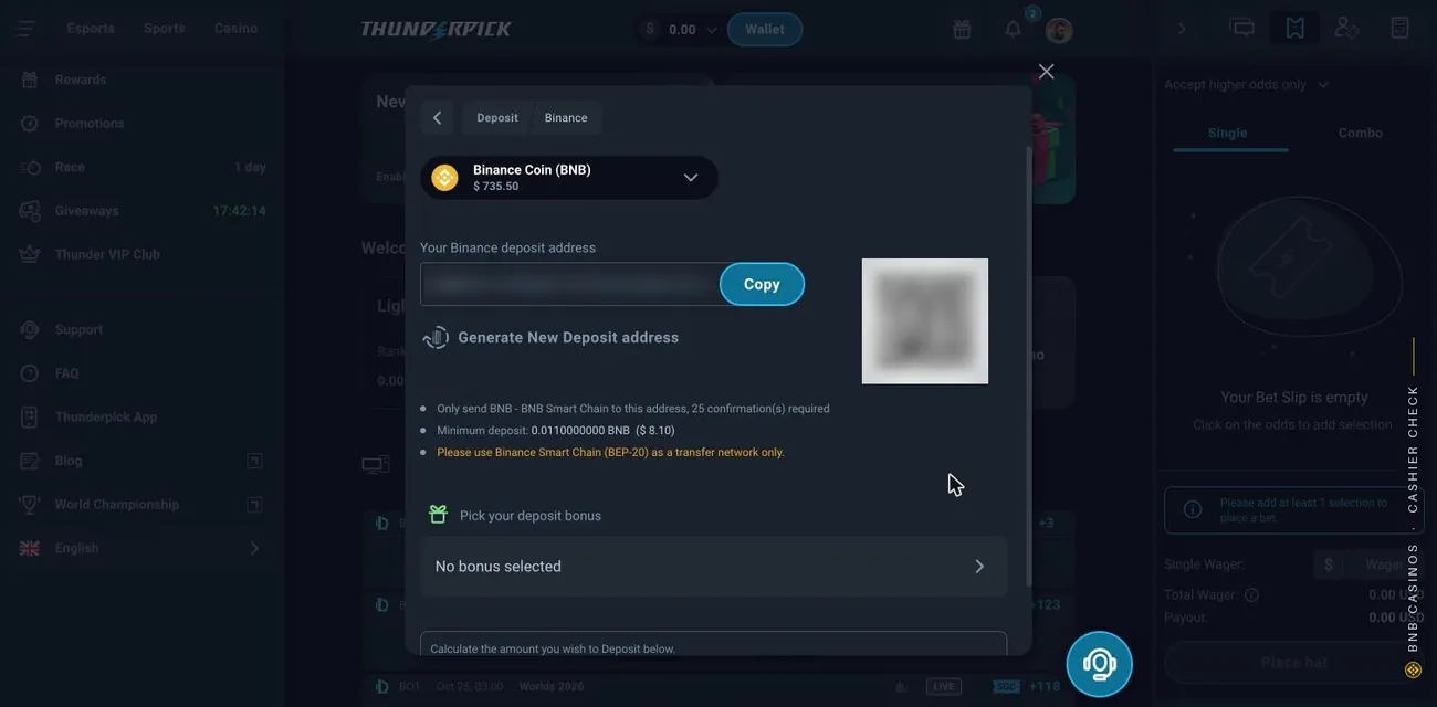 Thunderpick deposit page for Binance Coin (BNB) with a blurred address and QR code, 25 confirmations, a 0.011 BNB minimum and a BEP-20 note