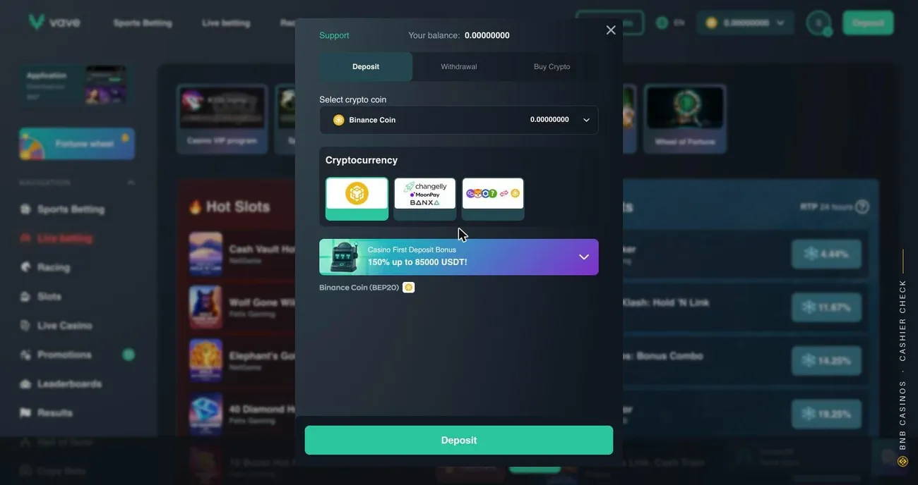 Vave deposit window with Binance Coin selected, the 150% up to 85,000 USDT bonus banner and Binance Coin (BEP20) as the network