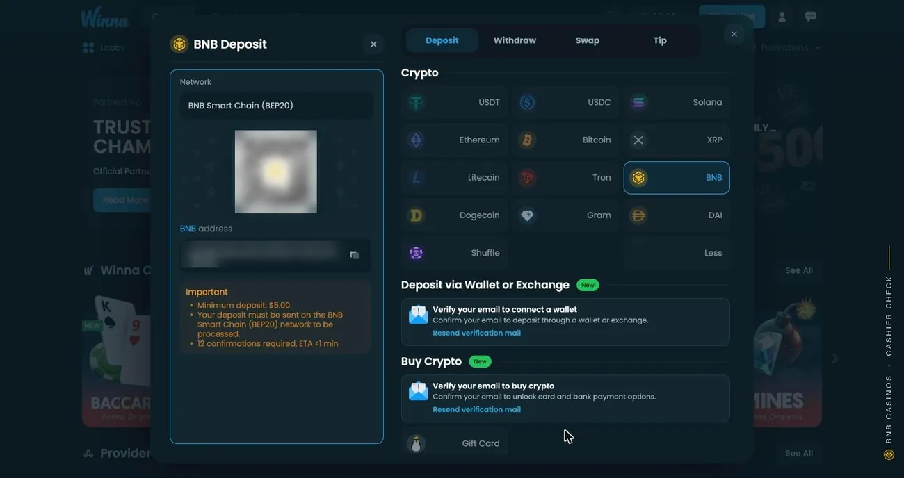 Winna BNB deposit window with BNB Smart Chain (BEP20) as the network, a blurred address and QR code, and a note on the $5 minimum and 12 confirmations